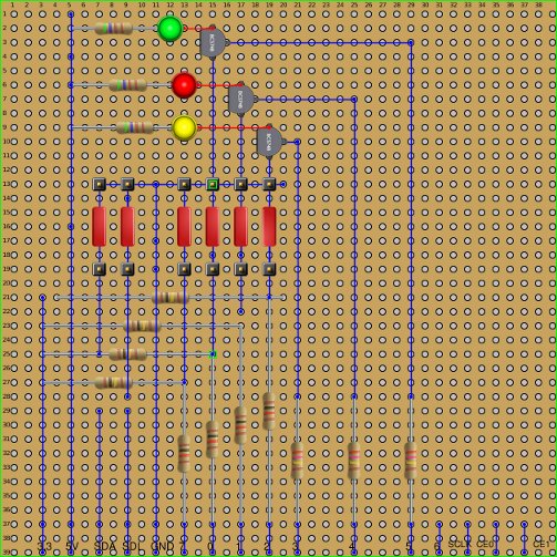 Schematics of a board for interfacing six buttons and 3 LEDs